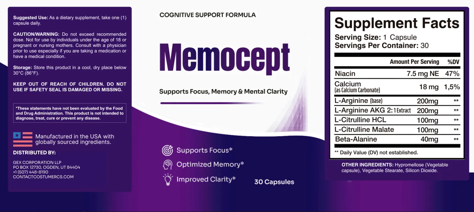 Memocept ingredients label